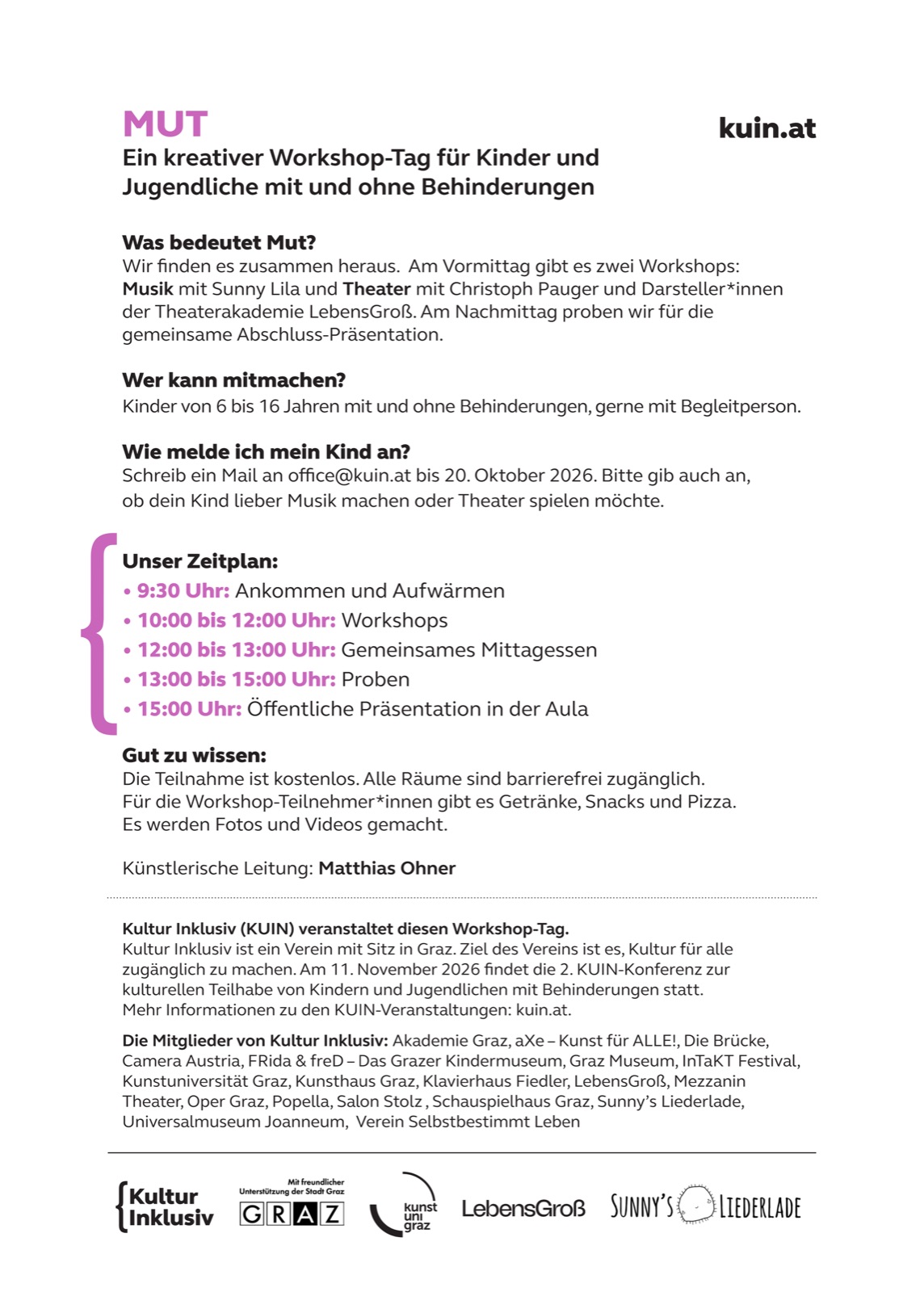 Flyer Rückseite: Was bedeutet Mut, wer kann mitmachen, Anmeldung per Mail an office@kuin.at bis 20. Oktober, Zeitplan von 9:30 bis 15:00 Uhr, Informationen zum Verein und seinen Mitgliedern.